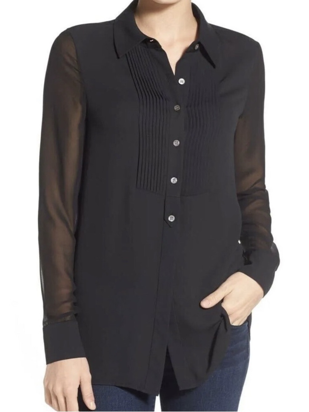 $325 VINCE Tux Tuxedo Pleated Blouse Navy Semi Sheer Top